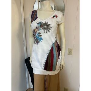 Kessley Mixed Media Artsy Embellished White Tunic Mini Dress L